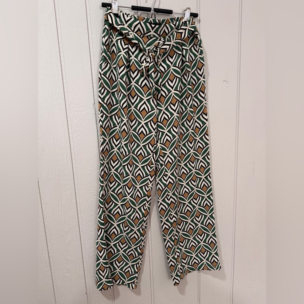 Wide leg Geometric Design Pants in Green, Black, and Tan